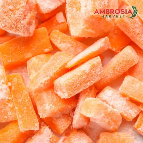 Sliced frozen carrots by Ambrosia Harvest, ready for soups and stir-fries