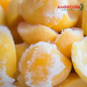 Sliced frozen peaches from Ambrosia Harvest — perfect for desserts, smoothies, and healthy snacking
