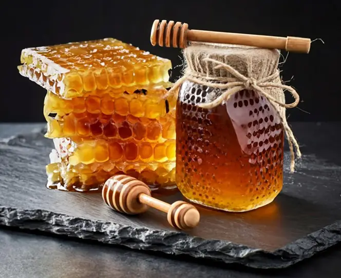 Pure natural honey from Ambrosia Harvest in a glass jar with honey comb