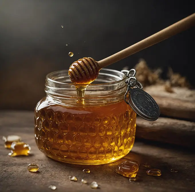 Organic raw unfiltered honey in the glass jar by Ambrosia Harvest