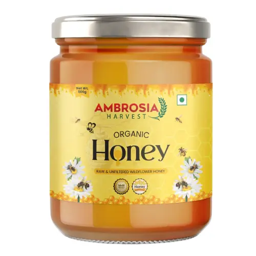Organic raw honey in glass jar by Ambrosia Harvest